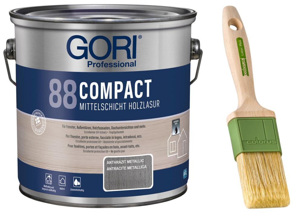 GORI 88 Compact-Lasur – Mittelschichtige Holzlasur (2,50 Liter) - Anthrazit Metallic + Profi Pinsel